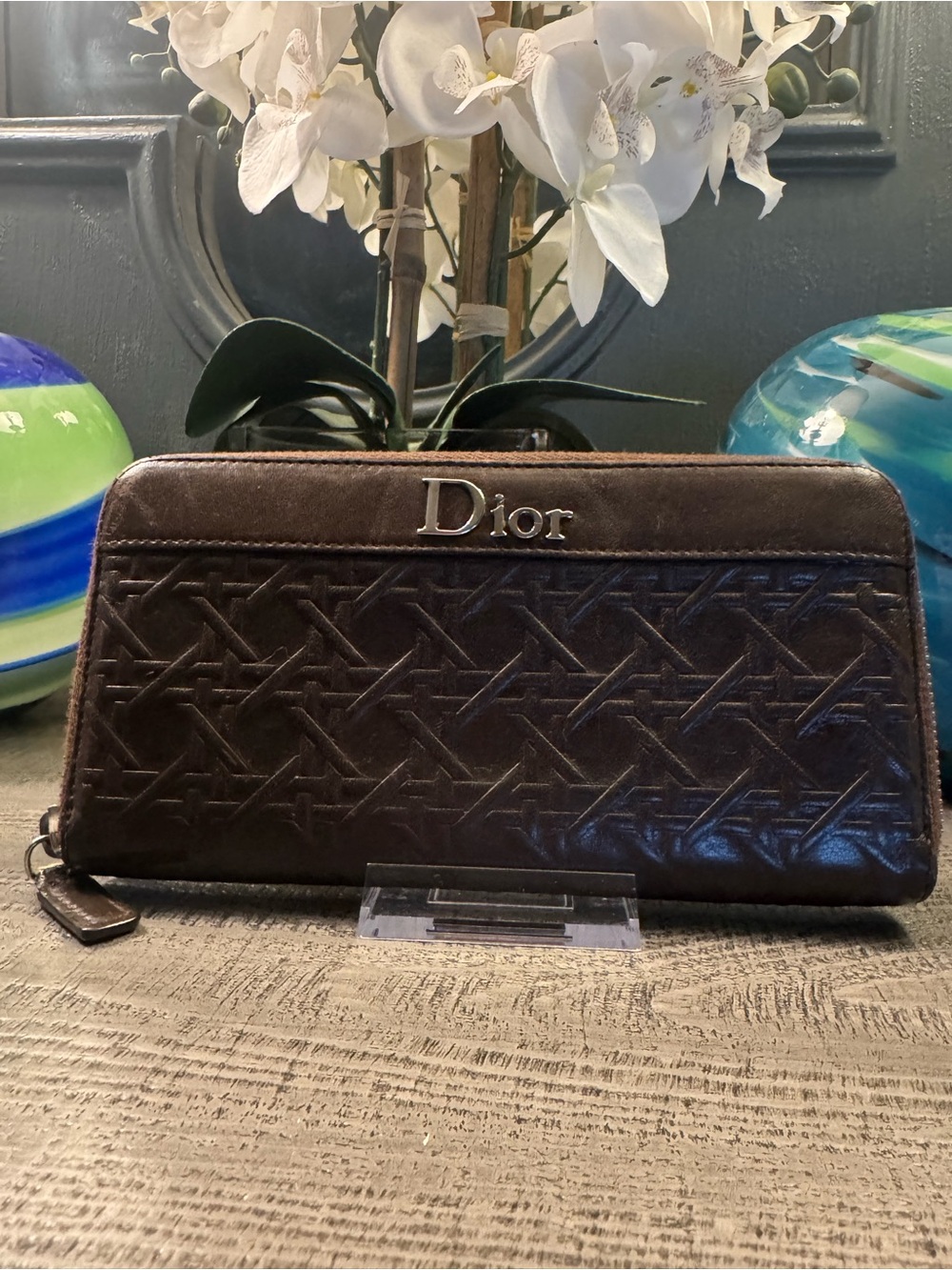 Dior Embossed Leather Zip Wallet in Chocolate Brown